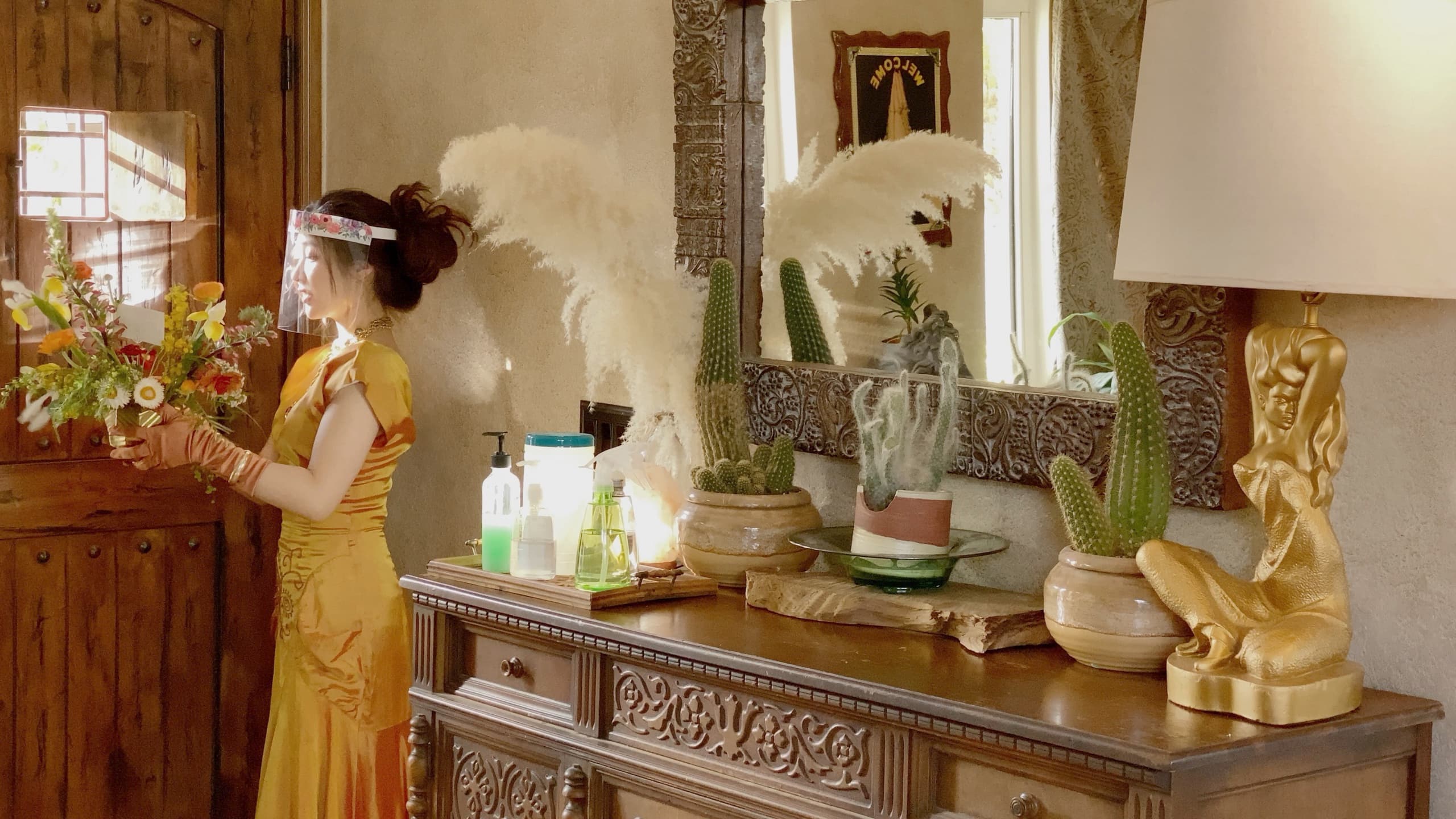 Shiona arranging irises in golden light