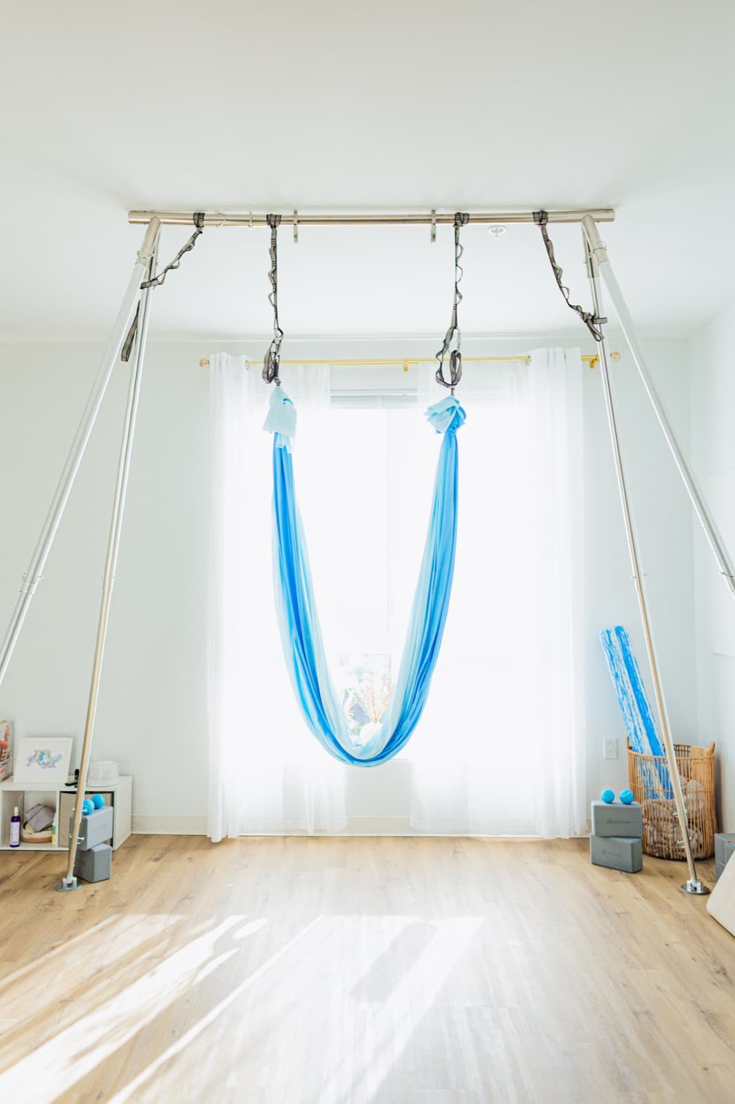 Blue silk hammock in the studio